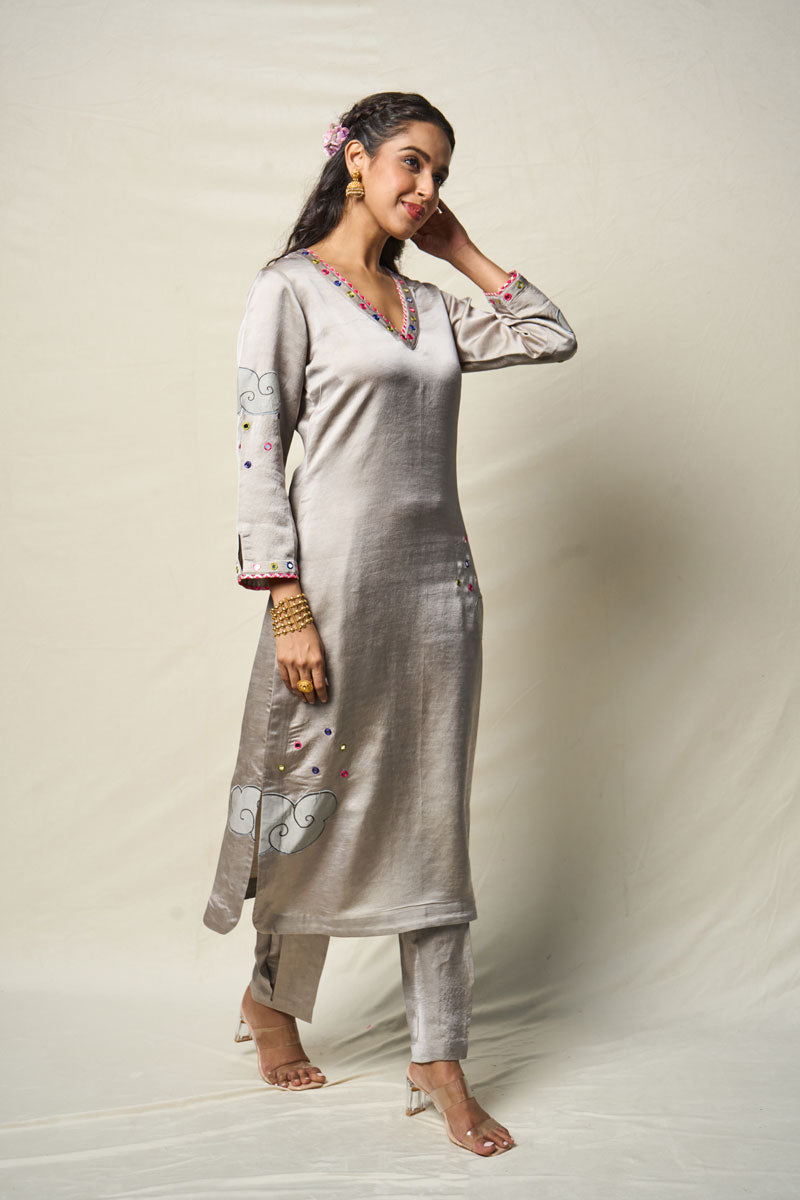 MEGHDOOT GREY KURTA + SALWAR + DUPATTA (SET OF 3) | SHOBITAM