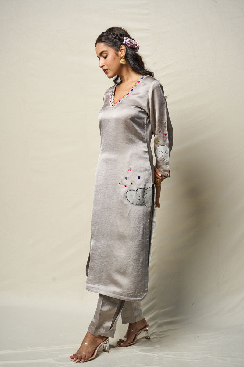MEGHDOOT GREY KURTA + SALWAR + DUPATTA (SET OF 3) | SHOBITAM