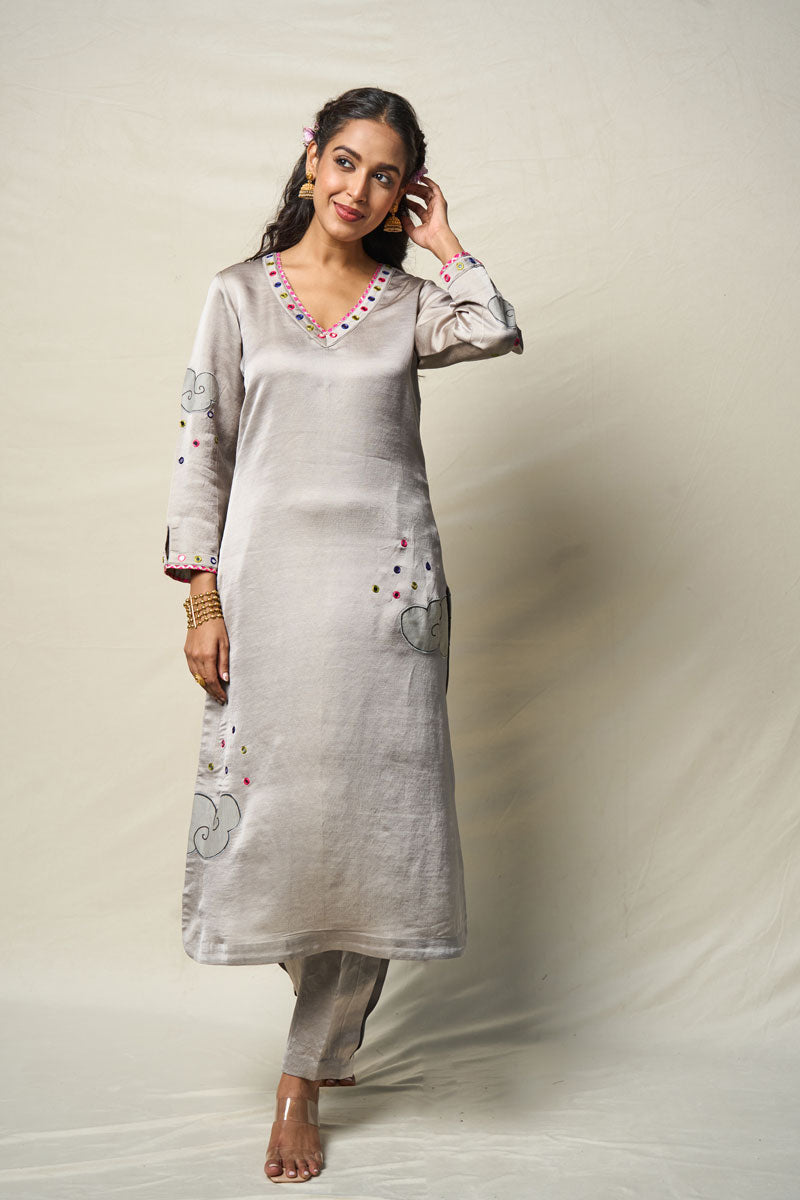 MEGHDOOT GREY KURTA + SALWAR + DUPATTA (SET OF 3) | SHOBITAM