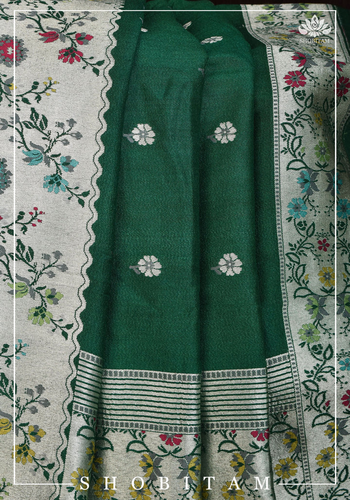 Exquisite Tussar Georgette Banarasi Saree with Meenakari Paithani Style Borders in Emerald Green | SILK MARK CERTIFIED