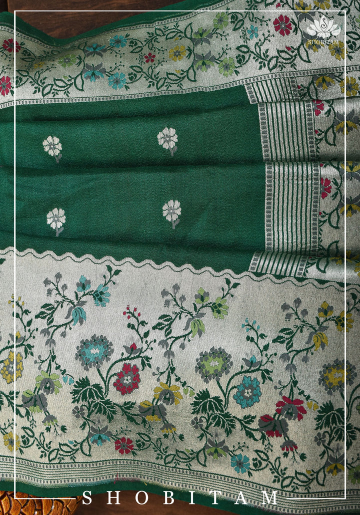 Exquisite Tussar Georgette Banarasi Saree with Meenakari Paithani Style Borders in Emerald Green | SILK MARK CERTIFIED
