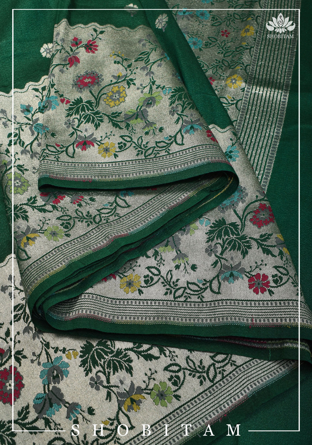 Exquisite Tussar Georgette Banarasi Saree with Meenakari Paithani Style Borders in Emerald Green | SILK MARK CERTIFIED