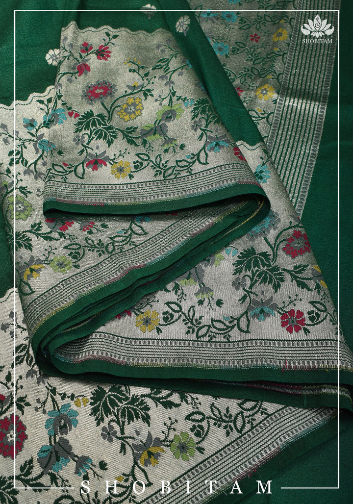 Exquisite Tussar Georgette Banarasi Saree with Meenakari Paithani Style Borders in Emerald Green | SILK MARK CERTIFIED