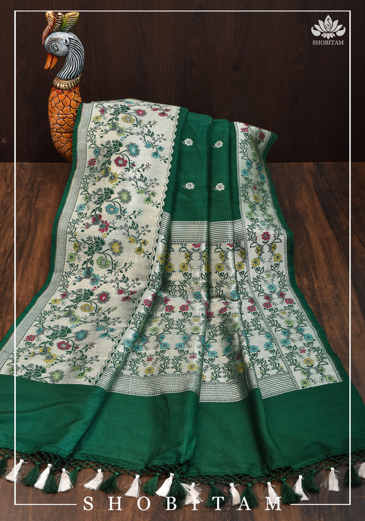 Exquisite Tussar Georgette Banarasi Saree with Meenakari Paithani Style Borders in Emerald Green | SILK MARK CERTIFIED
