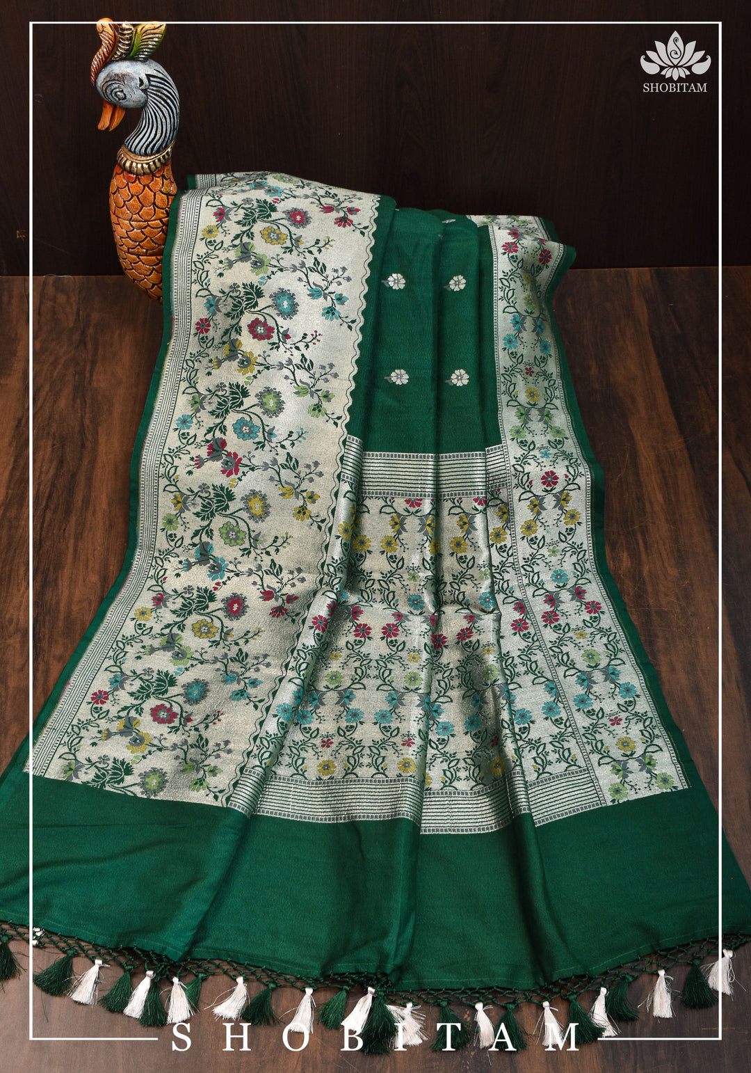 Exquisite Tussar Georgette Banarasi Saree with Meenakari Paithani Style Borders in Emerald Green | SILK MARK CERTIFIED