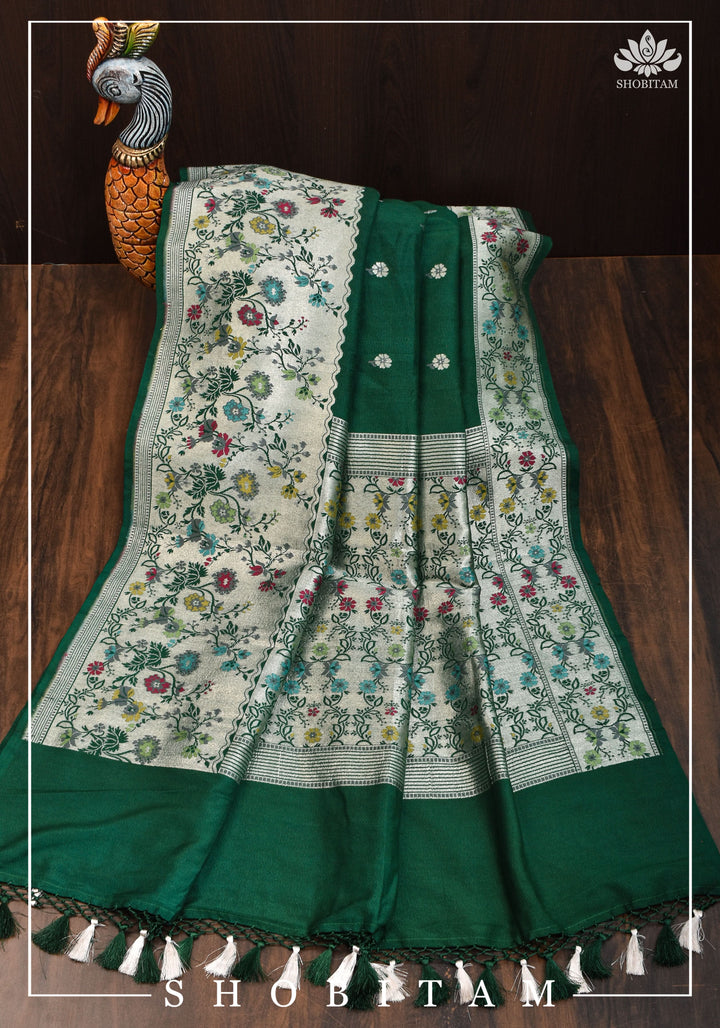 Exquisite Tussar Georgette Banarasi Saree with Meenakari Paithani Style Borders in Emerald Green | SILK MARK CERTIFIED