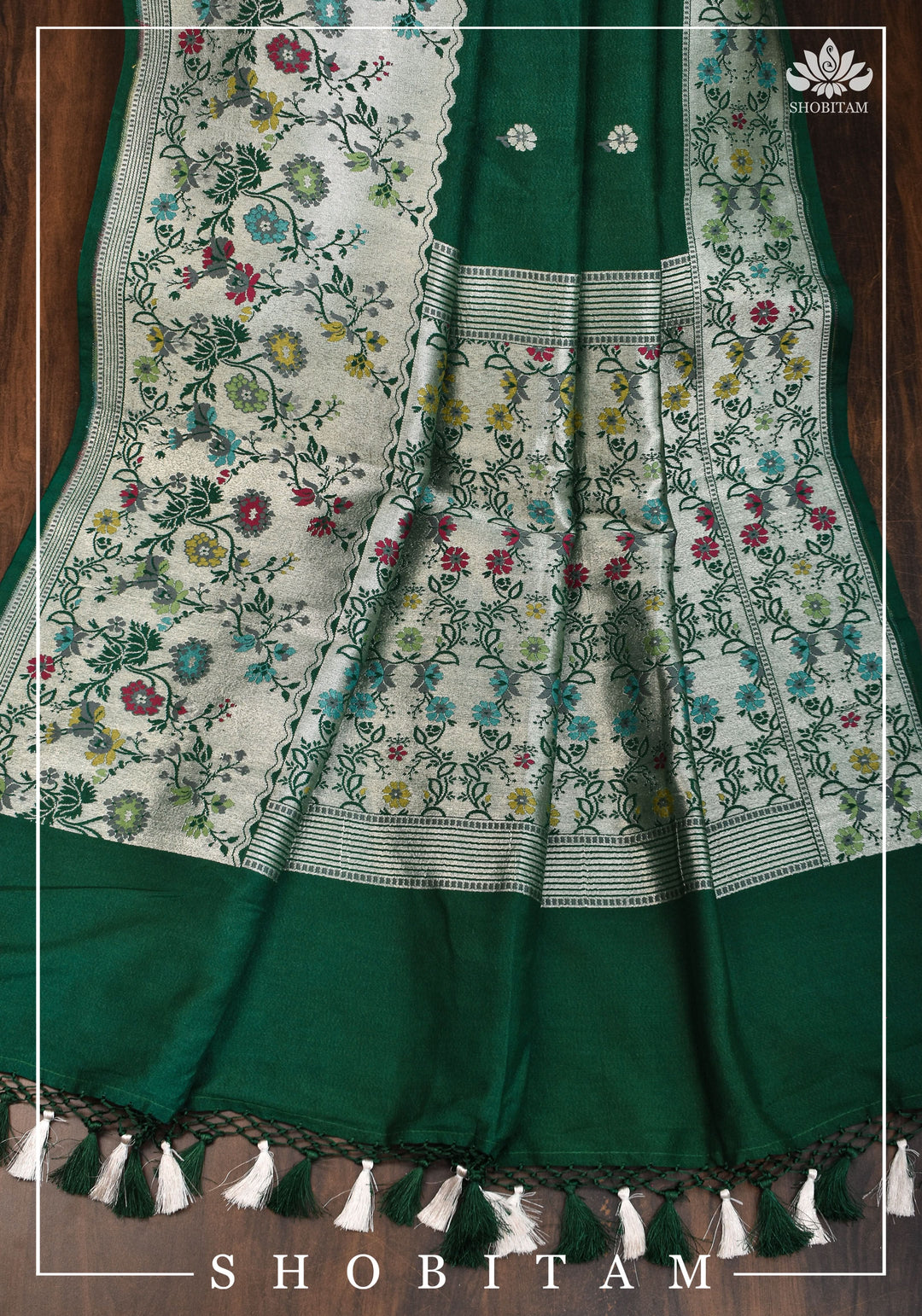Exquisite Tussar Georgette Banarasi Saree with Meenakari Paithani Style Borders in Emerald Green | SILK MARK CERTIFIED