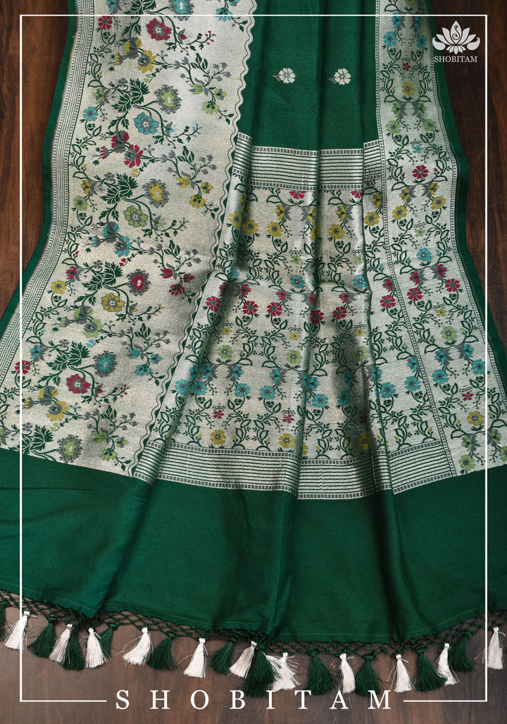 Exquisite Tussar Georgette Banarasi Saree with Meenakari Paithani Style Borders in Emerald Green | SILK MARK CERTIFIED