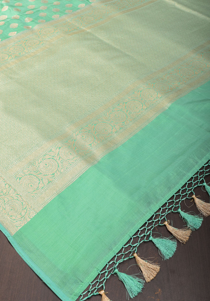 Banarasi Katan Silk Saree in Mint Green and Gold with Zari Motifs | SILK MARK CERTIFIED