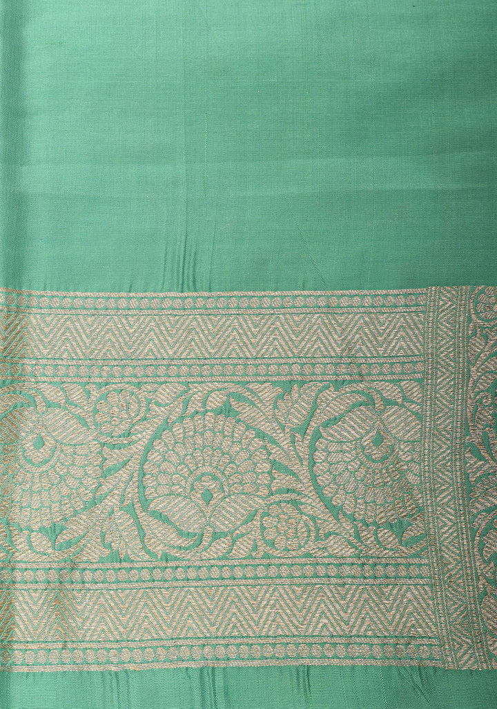 Banarasi Katan Silk Saree in Mint Green and Gold with Zari Motifs | SILK MARK CERTIFIED