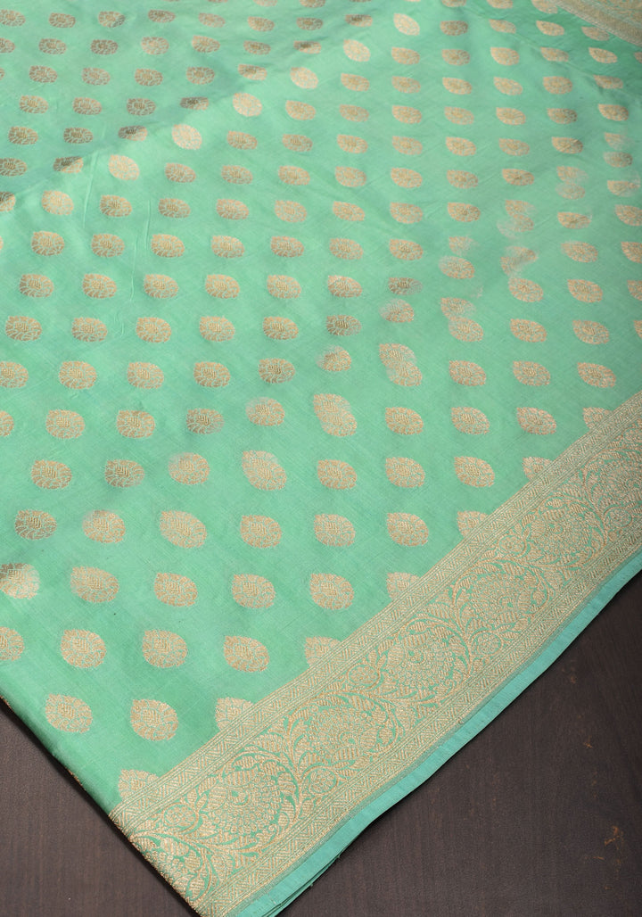 Banarasi Katan Silk Saree in Mint Green and Gold with Zari Motifs | SILK MARK CERTIFIED