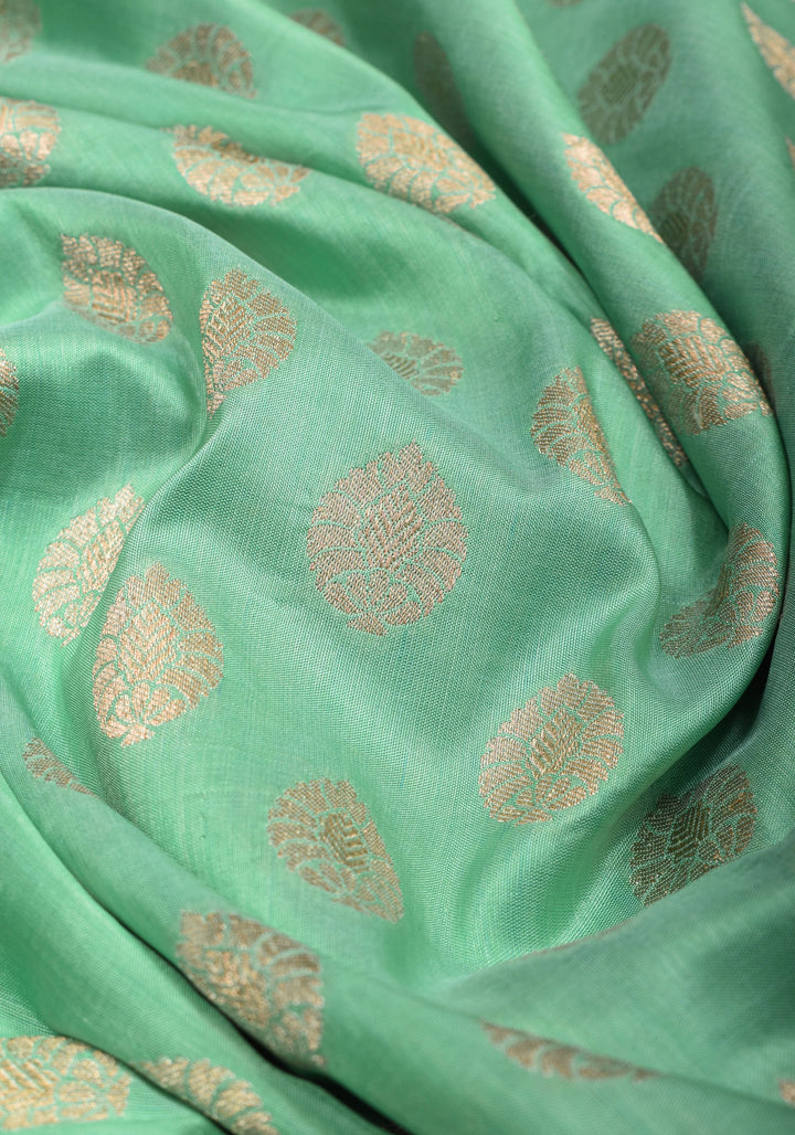 Banarasi Katan Silk Saree in Mint Green and Gold with Zari Motifs | SILK MARK CERTIFIED