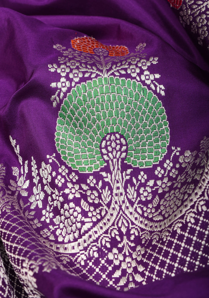Purple Royal Meenakari Curvilinear Panel Banarasi Katan Silk Saree  | SILK MARK CERTIFIED
