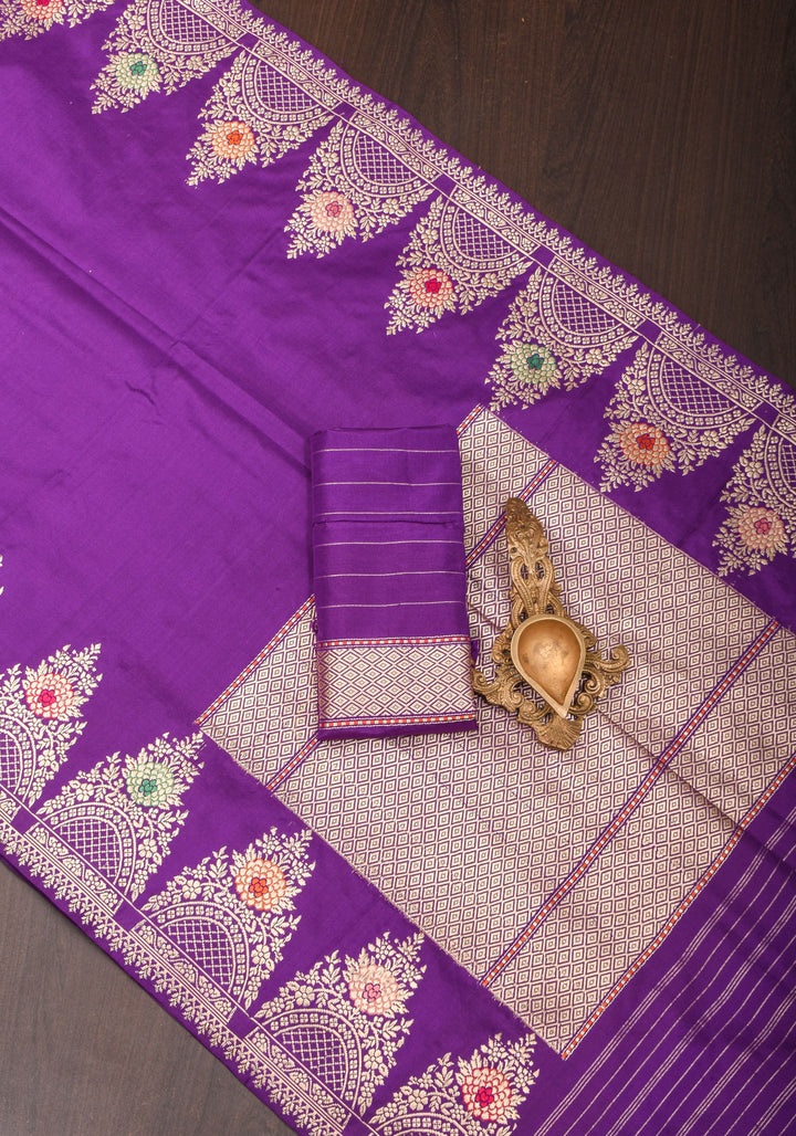 Purple Royal Meenakari Curvilinear Panel Banarasi Katan Silk Saree  | SILK MARK CERTIFIED