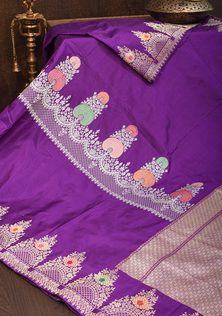 Purple Royal Meenakari Curvilinear Panel Banarasi Katan Silk Saree  | SILK MARK CERTIFIED