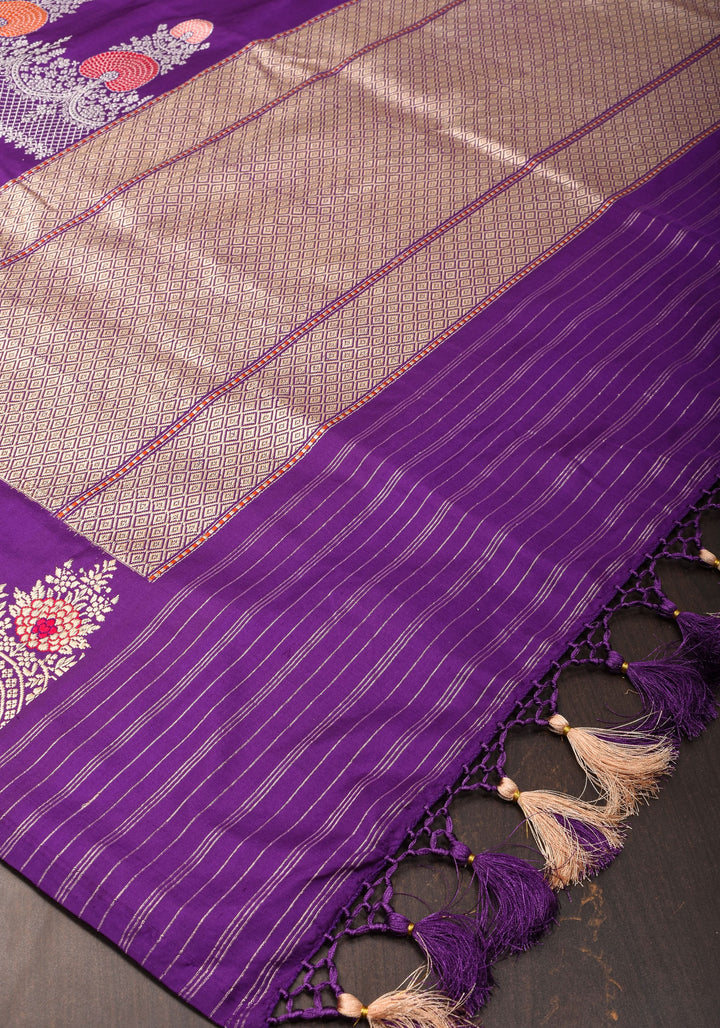 Purple Royal Meenakari Curvilinear Panel Banarasi Katan Silk Saree  | SILK MARK CERTIFIED