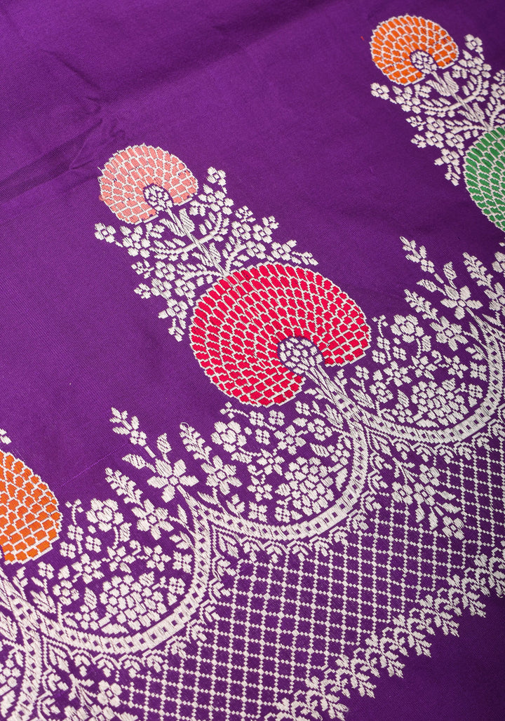 Purple Royal Meenakari Curvilinear Panel Banarasi Katan Silk Saree  | SILK MARK CERTIFIED
