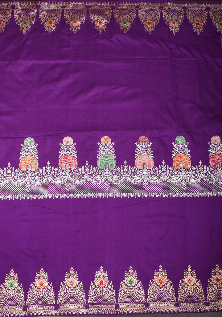 Purple Royal Meenakari Curvilinear Panel Banarasi Katan Silk Saree  | SILK MARK CERTIFIED