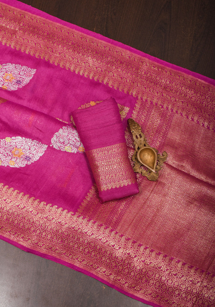 Exquisite Banarasi Tussar Georgette Saree in Magenta with Antique Tone Zari and Meenakari Highlights | SILK MARK CERTIFIED
