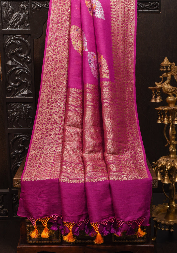 Exquisite Banarasi Tussar Georgette Saree in Magenta with Antique Tone Zari and Meenakari Highlights | SILK MARK CERTIFIED
