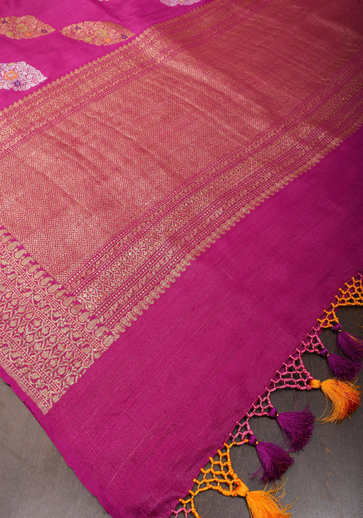 Exquisite Banarasi Tussar Georgette Saree in Magenta with Antique Tone Zari and Meenakari Highlights | SILK MARK CERTIFIED