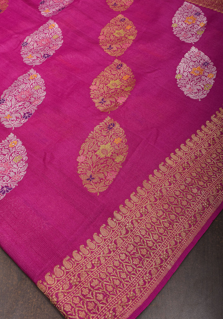 Exquisite Banarasi Tussar Georgette Saree in Magenta with Antique Tone Zari and Meenakari Highlights | SILK MARK CERTIFIED