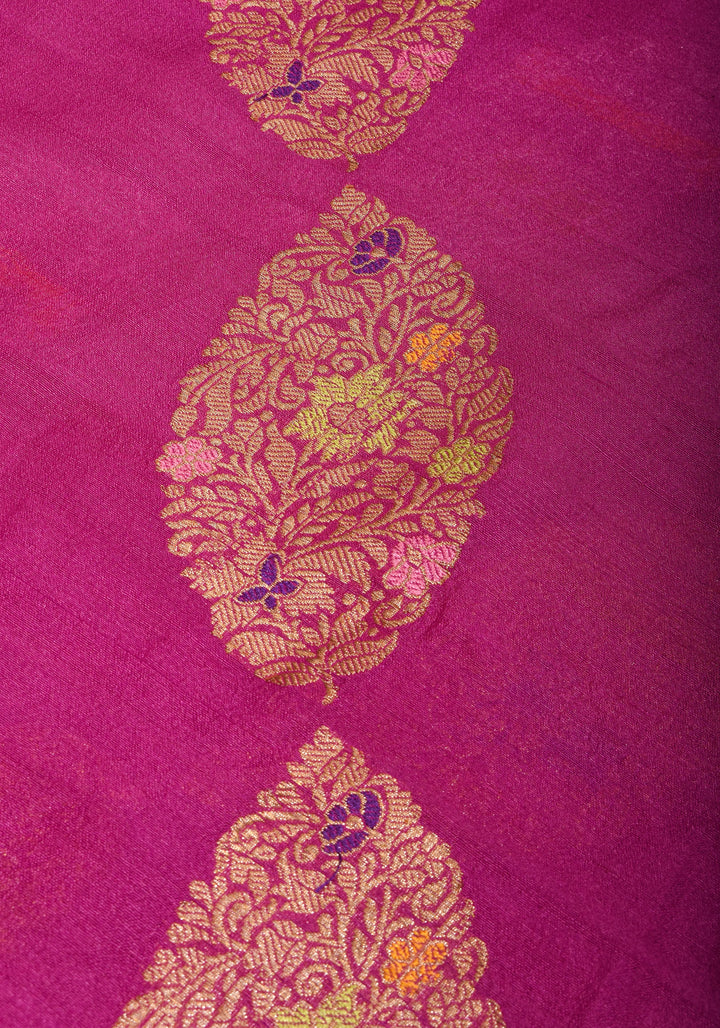 Exquisite Banarasi Tussar Georgette Saree in Magenta with Antique Tone Zari and Meenakari Highlights | SILK MARK CERTIFIED