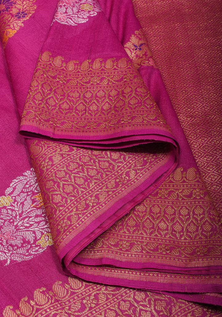 Exquisite Banarasi Tussar Georgette Saree in Magenta with Antique Tone Zari and Meenakari Highlights | SILK MARK CERTIFIED