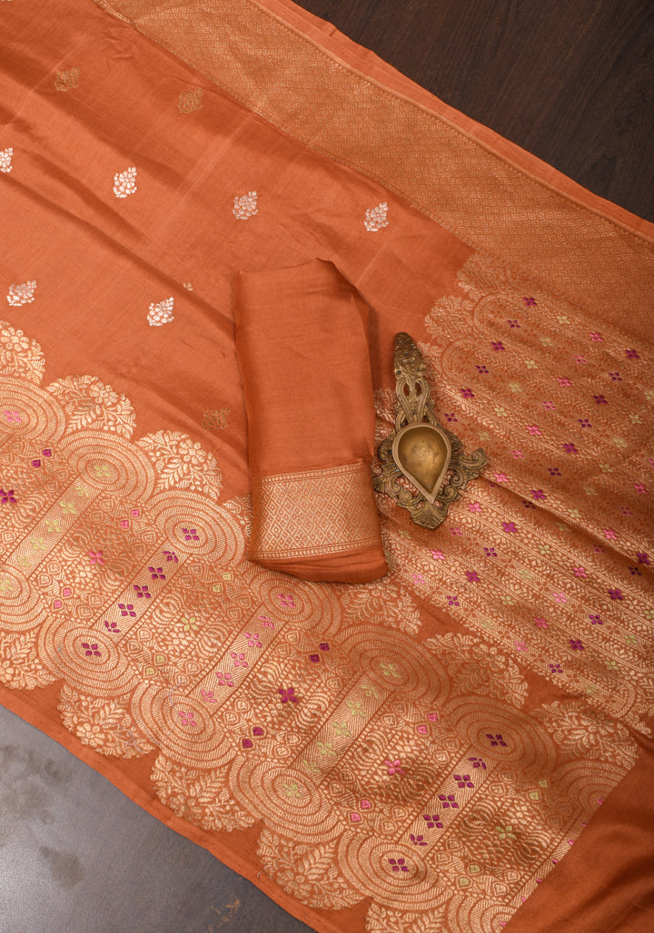 Sandstone Banarasi Tussar Georgette Saree with Meenakari Skirt border and Intricate Pallu  | SILK MARK CERTIFIED