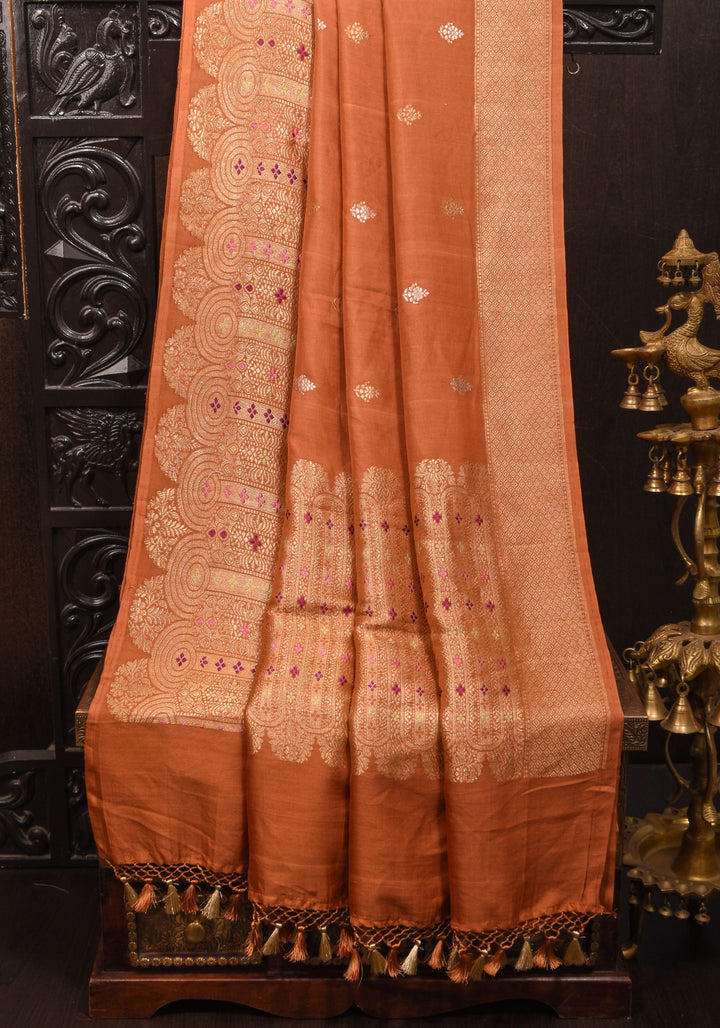 Sandstone Banarasi Tussar Georgette Saree with Meenakari Skirt border and Intricate Pallu  | SILK MARK CERTIFIED