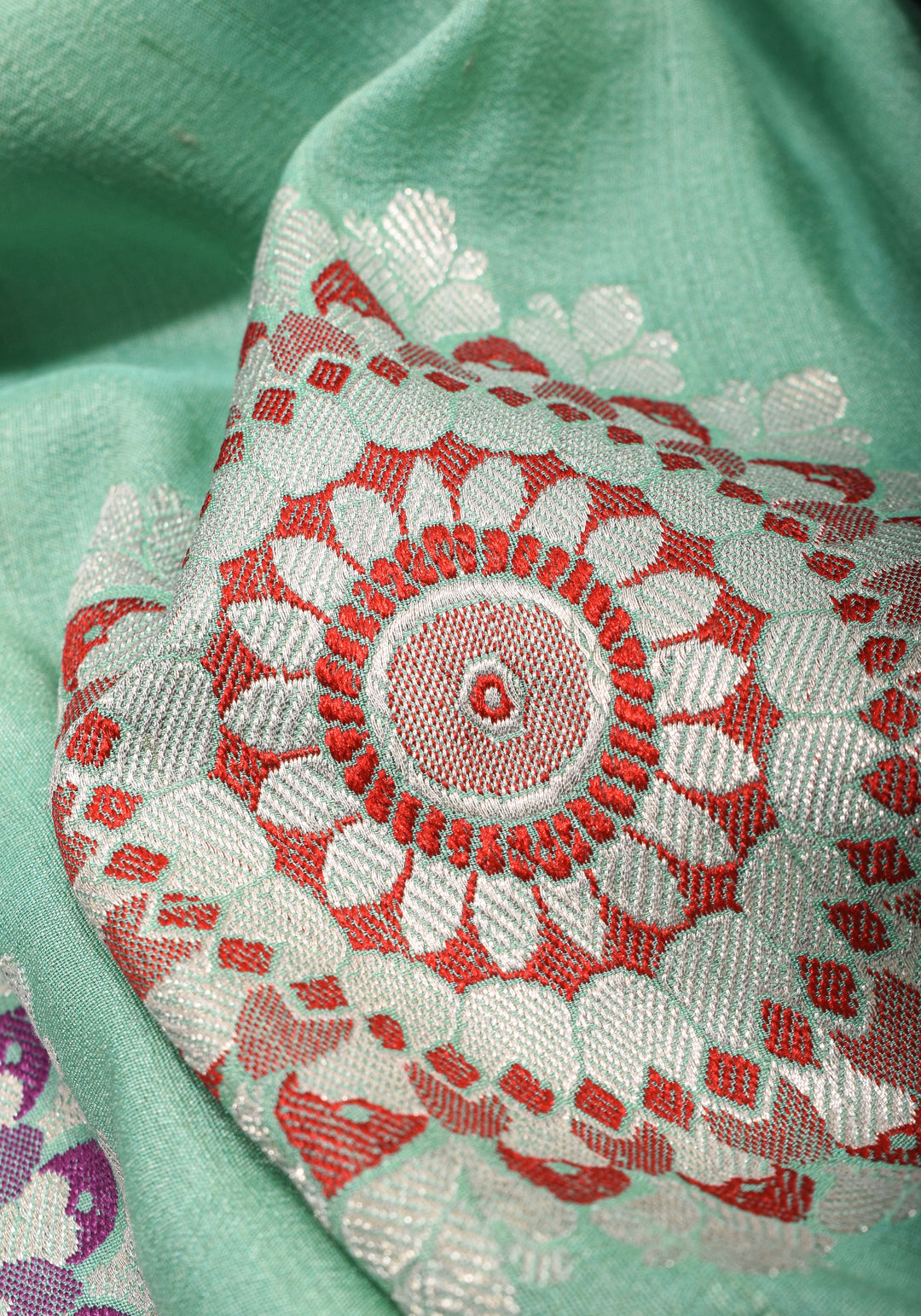 Sea Green Meenakari Pure Tussar Georgette Banarasi Saree  with Meenakari Mandala Borders| SILK MARK CERTIFIED