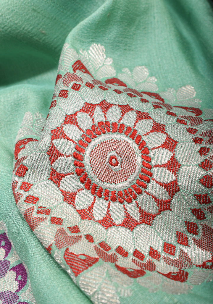 Sea Green Meenakari Pure Tussar Georgette Banarasi Saree  with Meenakari Mandala Borders| SILK MARK CERTIFIED
