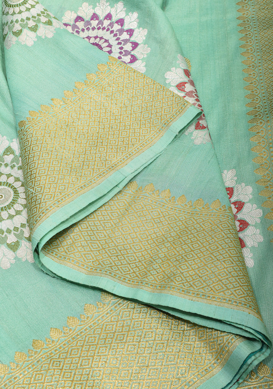 Sea Green Meenakari Pure Tussar Georgette Banarasi Saree  with Meenakari Mandala Borders| SILK MARK CERTIFIED