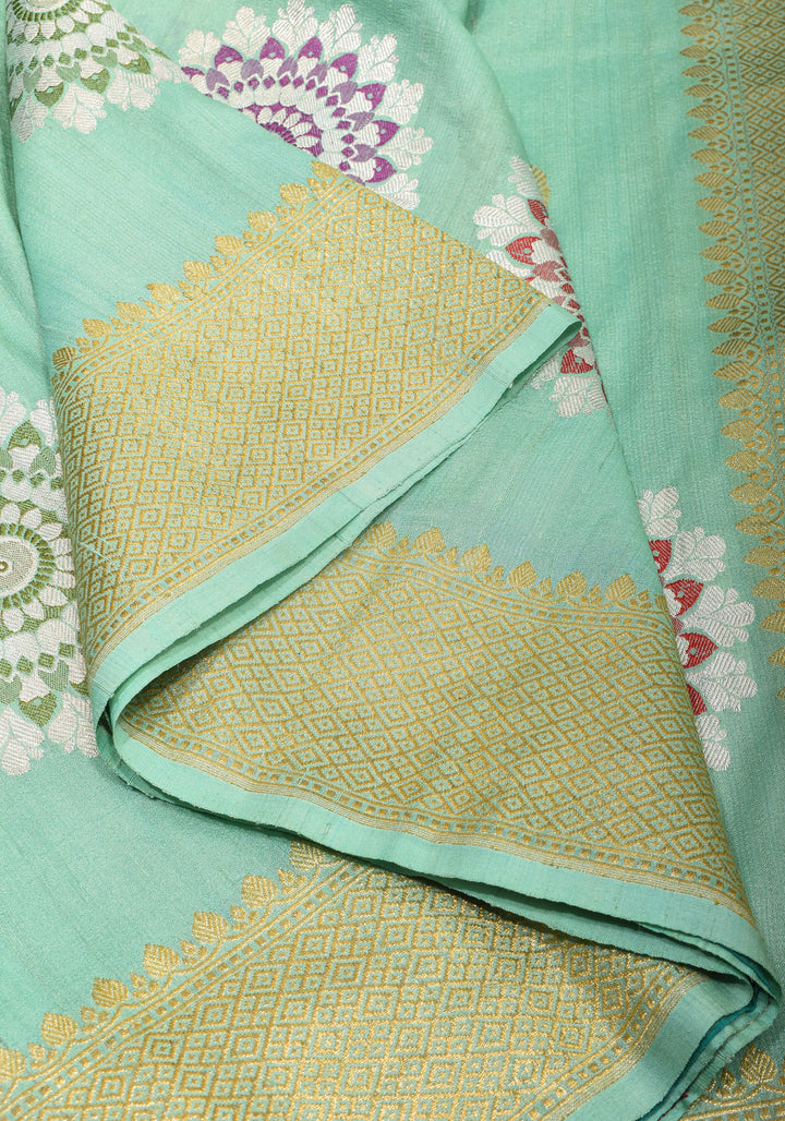 Sea Green Meenakari Pure Tussar Georgette Banarasi Saree  with Meenakari Mandala Borders| SILK MARK CERTIFIED