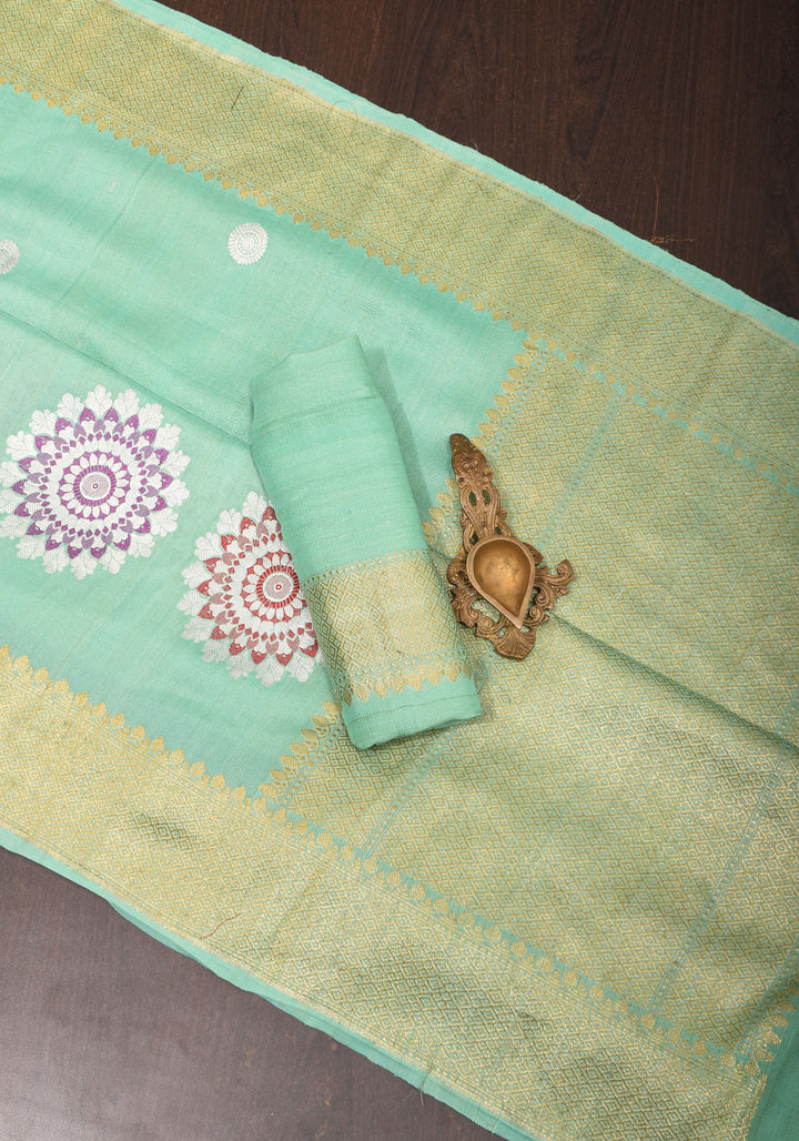 Sea Green Meenakari Pure Tussar Georgette Banarasi Saree  with Meenakari Mandala Borders| SILK MARK CERTIFIED