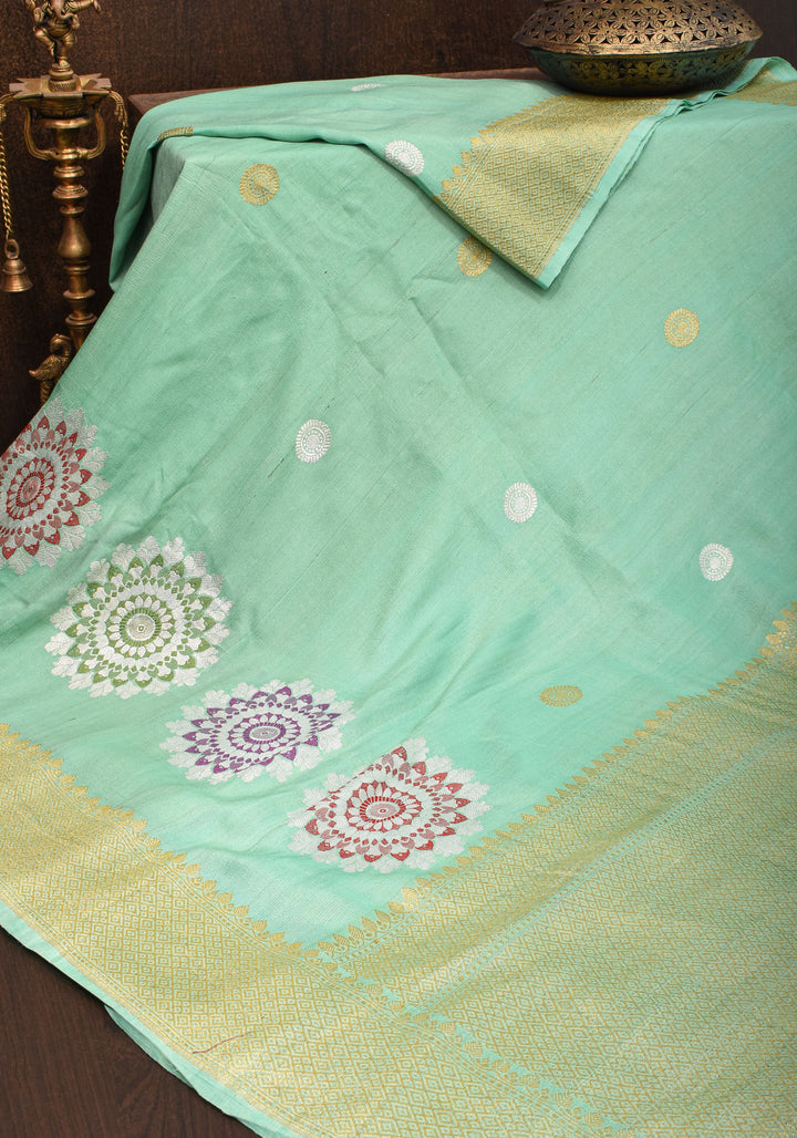 Sea Green Meenakari Pure Tussar Georgette Banarasi Saree  with Meenakari Mandala Borders| SILK MARK CERTIFIED