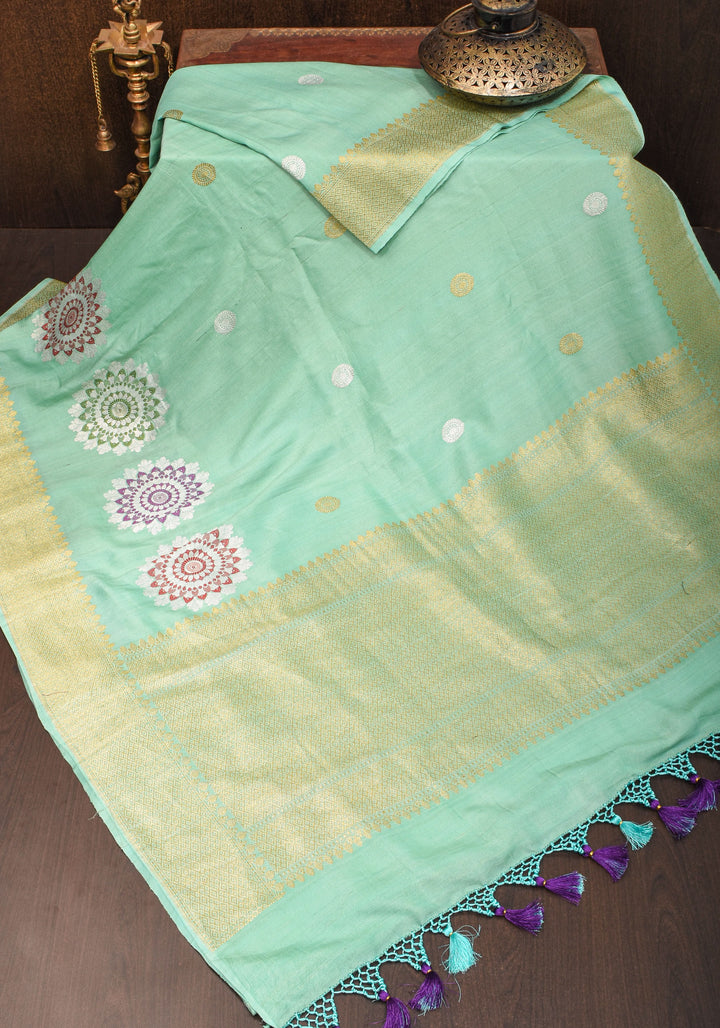 Sea Green Meenakari Pure Tussar Georgette Banarasi Saree  with Meenakari Mandala Borders| SILK MARK CERTIFIED