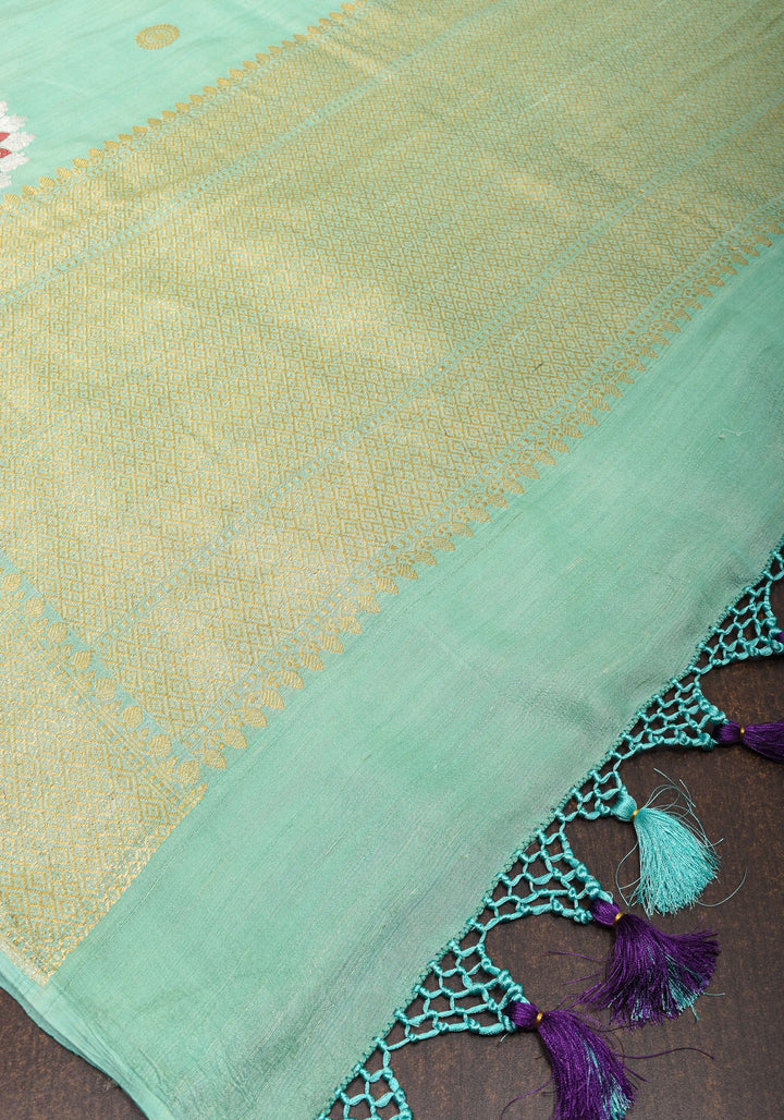 Sea Green Meenakari Pure Tussar Georgette Banarasi Saree  with Meenakari Mandala Borders| SILK MARK CERTIFIED