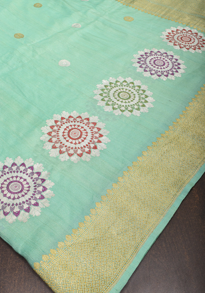 Sea Green Meenakari Pure Tussar Georgette Banarasi Saree  with Meenakari Mandala Borders| SILK MARK CERTIFIED