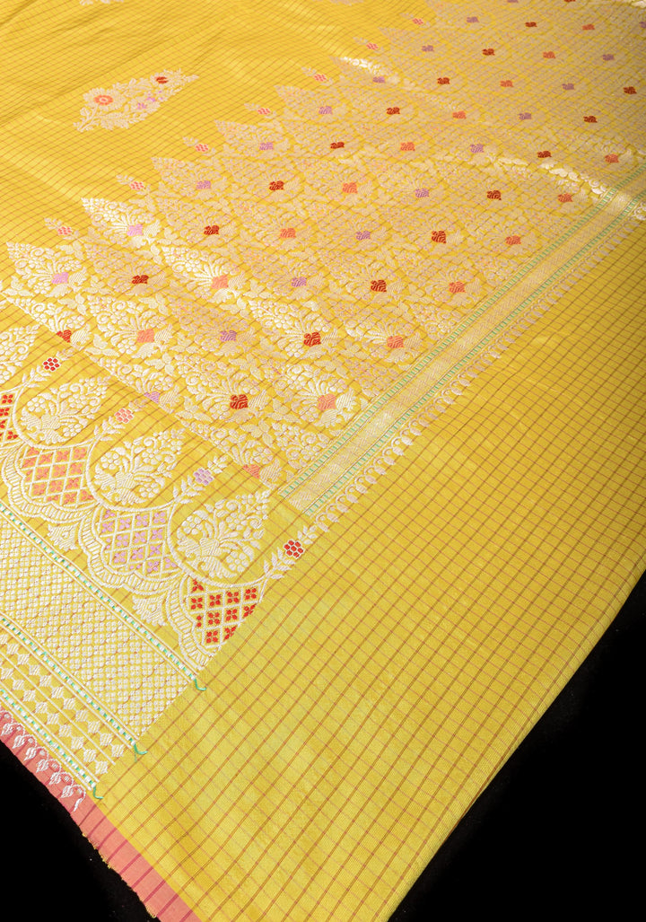 Pale Ochre Exquisite Checks Chandelier Inspired  Design Grand kadhuwa Meenakari Banarasi Silk Saree  | SILK MARK CERTIFIED |
