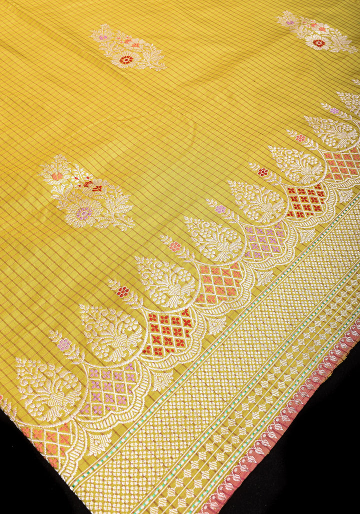 Pale Ochre Exquisite Checks Chandelier Inspired  Design Grand kadhuwa Meenakari Banarasi Silk Saree  | SILK MARK CERTIFIED |