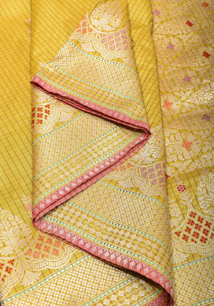 Pale Ochre Exquisite Checks Chandelier Inspired  Design Grand kadhuwa Meenakari Banarasi Silk Saree  | SILK MARK CERTIFIED |