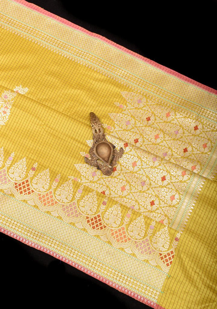 Pale Ochre Exquisite Checks Chandelier Inspired  Design Grand kadhuwa Meenakari Banarasi Silk Saree  | SILK MARK CERTIFIED |