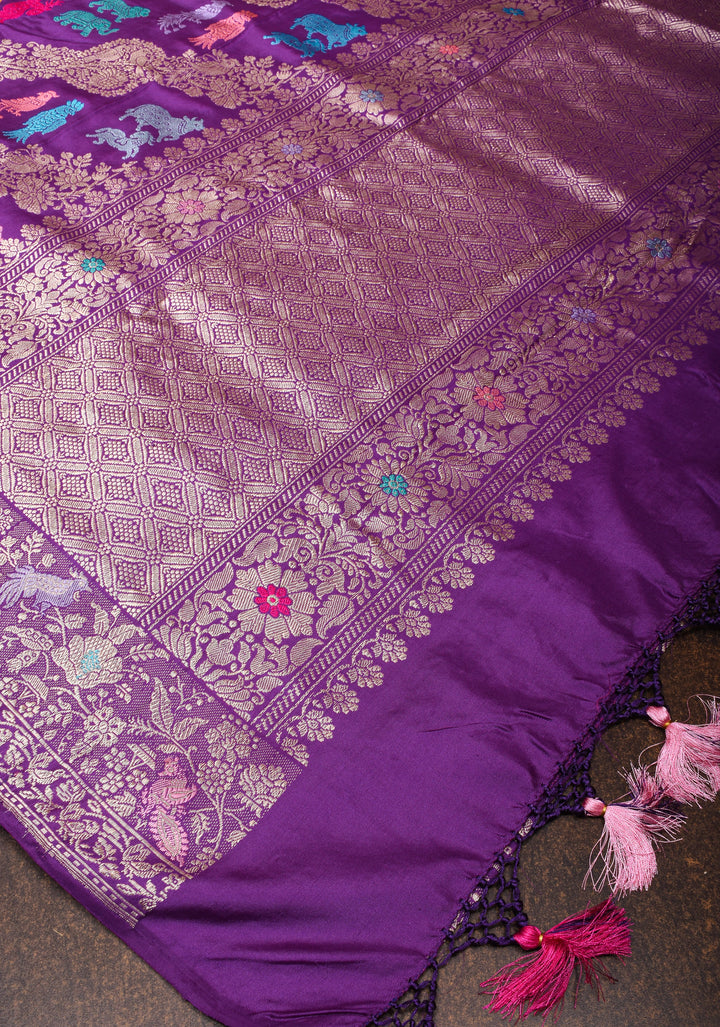 Kadhuwa Jungla Meenakari Shikaargah Leheria Banarasi Pure Katan Silk Saree in Purple| SILK MARK CERTIFIED