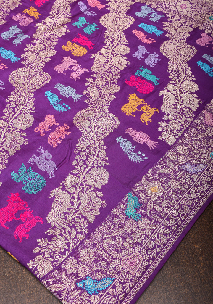 Kadhuwa Jungla Meenakari Shikaargah Leheria Banarasi Pure Katan Silk Saree in Purple| SILK MARK CERTIFIED