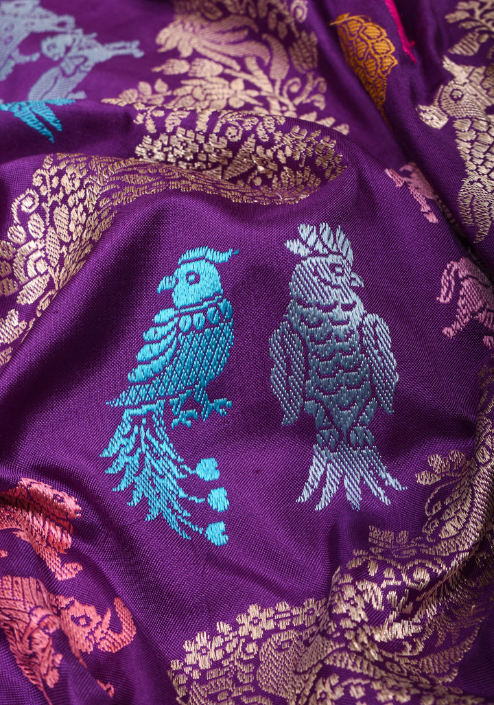 Kadhuwa Jungla Meenakari Shikaargah Leheria Banarasi Pure Katan Silk Saree in Purple| SILK MARK CERTIFIED