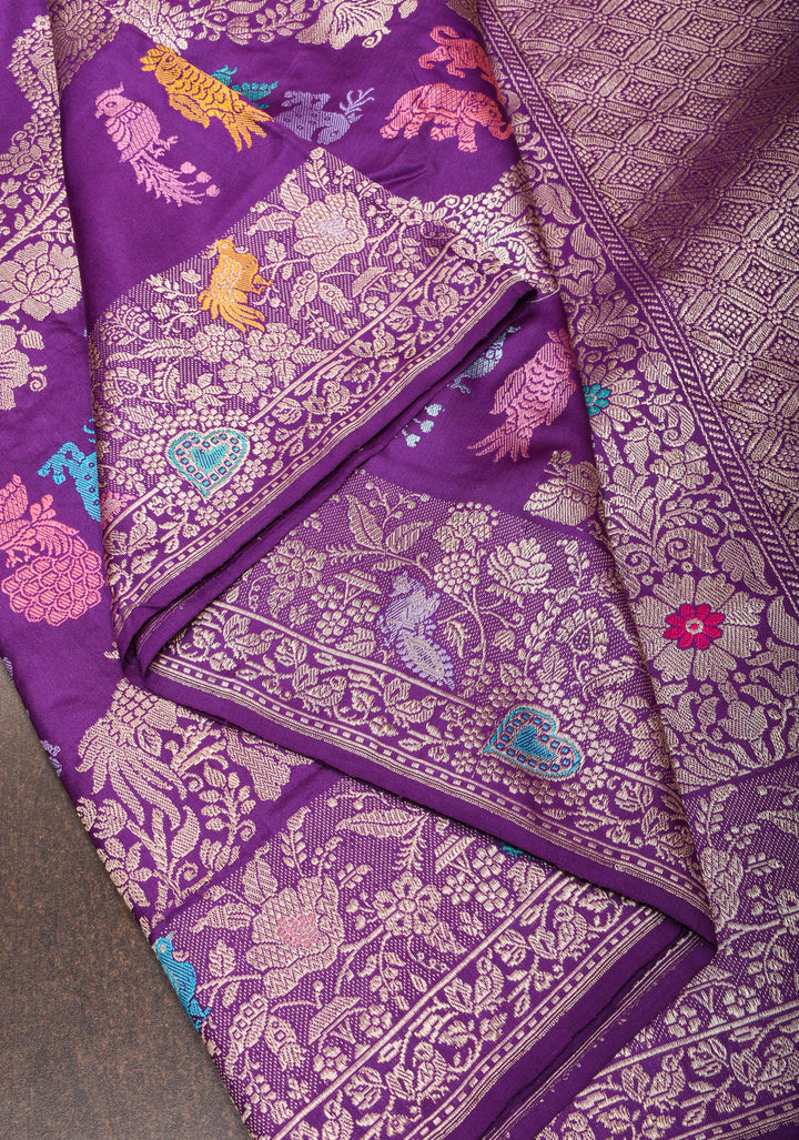 Kadhuwa Jungla Meenakari Shikaargah Leheria Banarasi Pure Katan Silk Saree in Purple| SILK MARK CERTIFIED