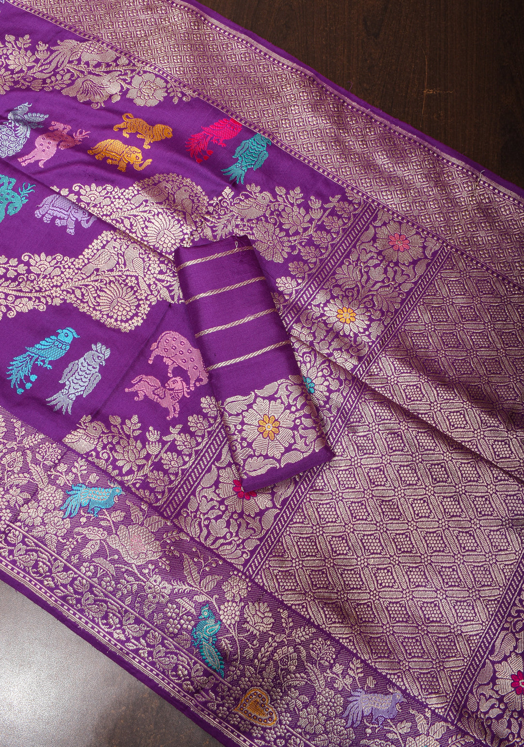 Kadhuwa Jungla Meenakari Shikaargah Leheria Banarasi Pure Katan Silk Saree in Purple| SILK MARK CERTIFIED