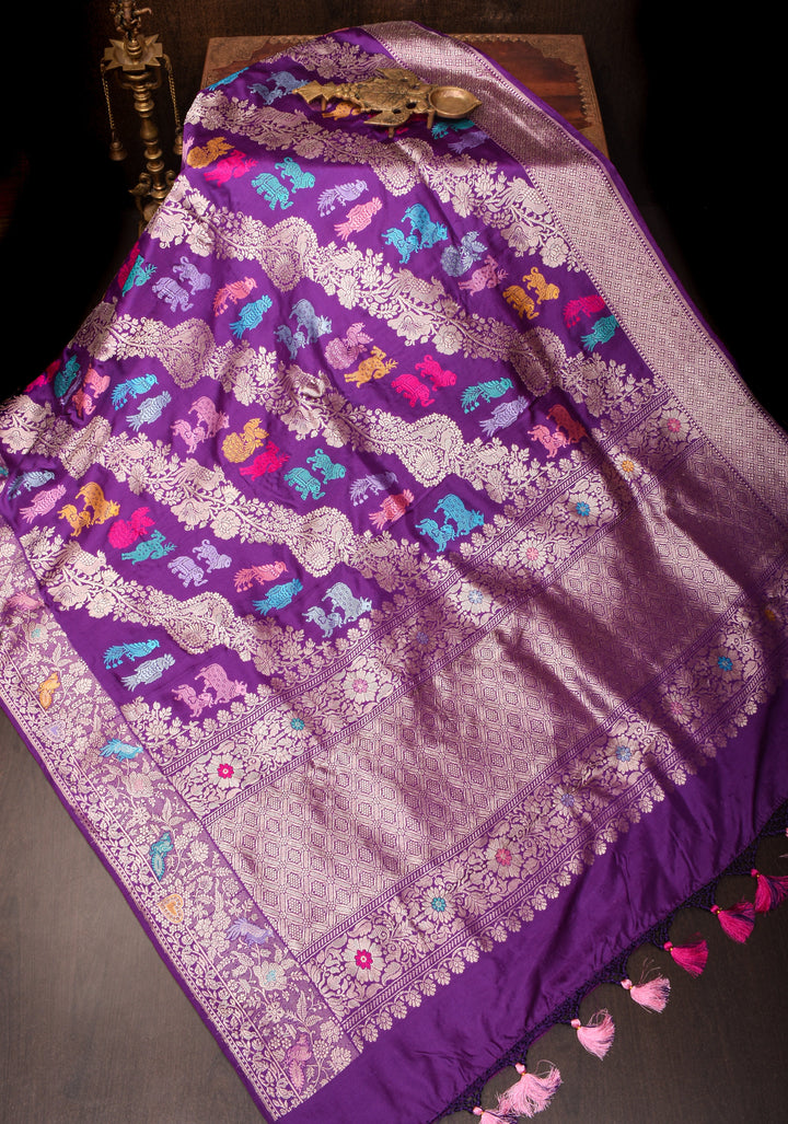 Kadhuwa Jungla Meenakari Shikaargah Leheria Banarasi Pure Katan Silk Saree in Purple| SILK MARK CERTIFIED