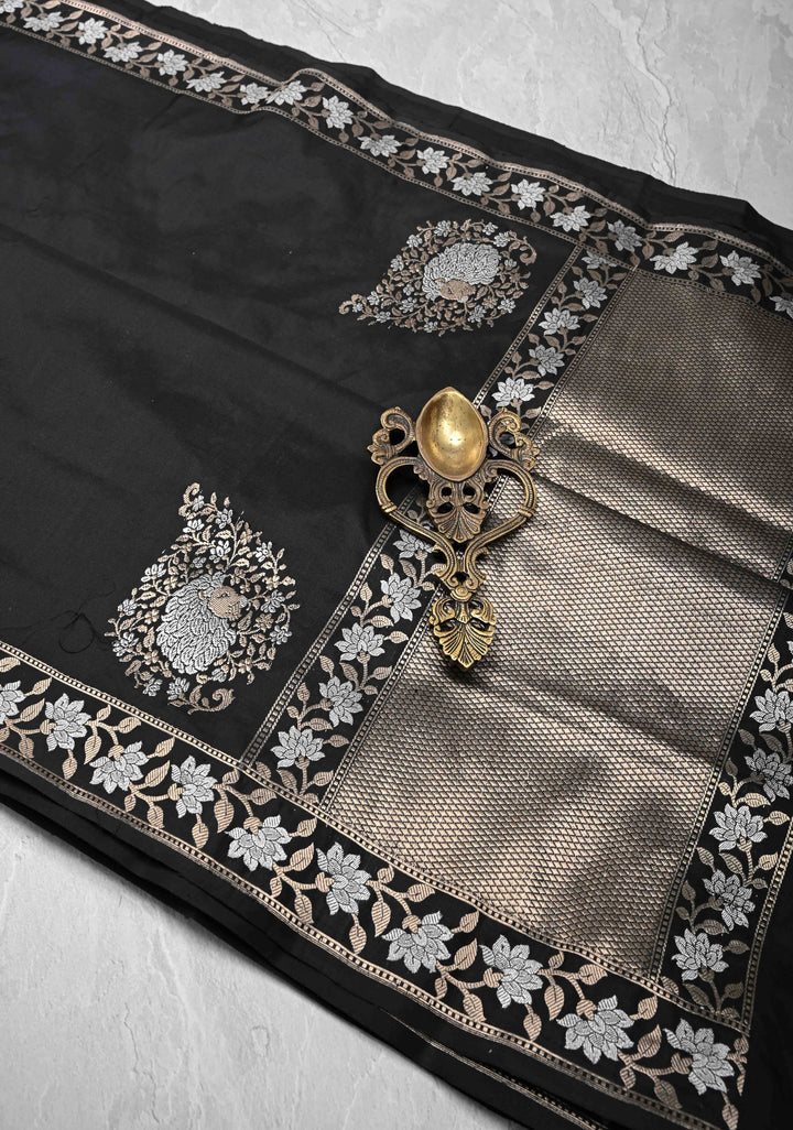 Celebrity Black Banarasi Pure Katan Silk Saree with Majestic Lion Alfi Zari Butta and Zari Border | SILK MARK CERTIFIED
